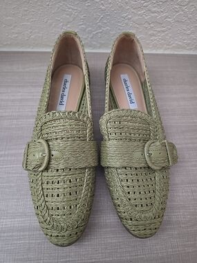 Charles David "Follies" Woven Raffia Buckle Loafers - Sage Green (Size 8M)